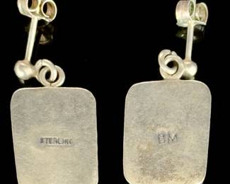 Zuni Style Turquoise Inlay Sterling Silver Earrings Native American Signed BM