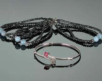 Sterling Silver 925 Bracelet Lot: Heart Bypass Bangle & Multi-Strand Beads