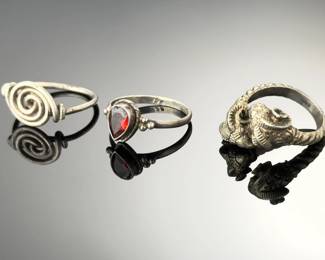 Vintage Sterling Silver Garnet Ring, Ram Head & Spiral Wire Rings - Lot of 3