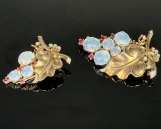 Vintage Crown Trifari Alfred Philippe Sterling Moonstone Grape Fur Clips (Set of 2)