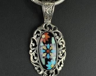 Carolyn Pollack Sterling Silver Multi-Stone Inlay Floral Pendant Necklace Italy