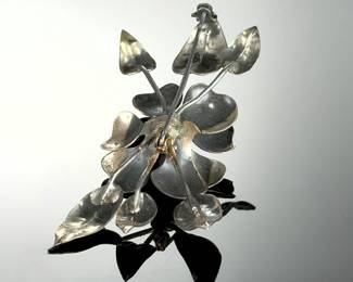 Sterling Silver Vintage Floral Brooch Pin, Sculptural Rose & Leaves