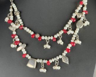 Artisan 925 Sterling Silver Freshwater Pearl & Carnelian Statement Necklace 19"
