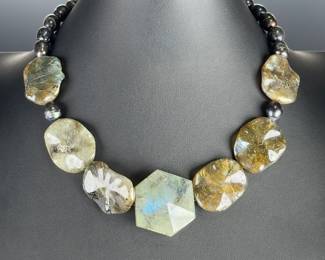 Sterling Silver Labradorite & Peacock Pearl Artisan Toggle Necklace 18" 95g