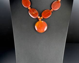 Vintage Carnelian Agate Modernist Statement Necklace, Chunky Polished Disc