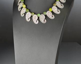 Vintage Mexican Sterling Silver Green Serpentine Paisley Collar Necklace HESS