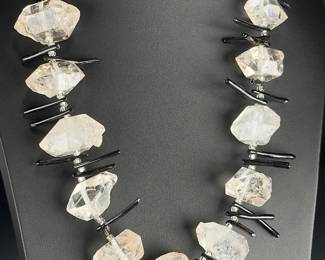 Raw Quartz Crystal & Black Coral Brutalist Statement Necklace 25"