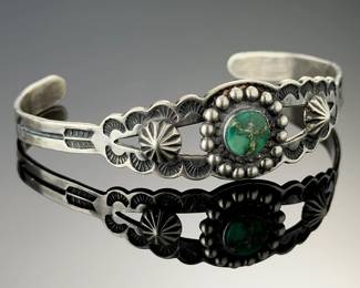 Fred Harvey Era Native American Silver & Green Turquoise Cuff Bracelet