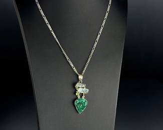 Artisan Sterling Silver Malachite Aquamarine Peridot Pendant Necklace Italy 925