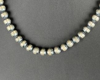 Vintage Sterling Silver Navajo Pearl Beaded Necklace 18 Inch 8mm Bench Beads