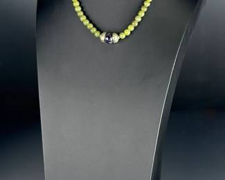 Nephrite Jade Amethyst Peridot Bead Statement Necklace Sterling Silver Clasp