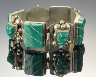 Vintage Mexican Sterling Silver Carved Green Onyx Mayan Mask Bracelet 925