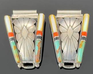 Vintage Southwest Sterling Silver Turquoise Coral Inlay Watch Tips BB Signed