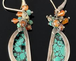 Boho Sterling Silver Spiderweb Turquoise Cluster Dangle Earrings