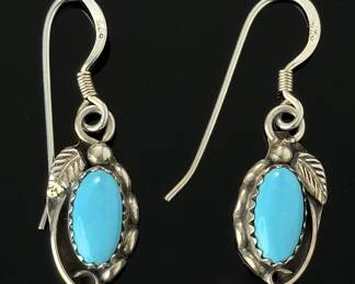 Navajo Sterling Silver Sleeping Beauty Turquoise Dangle Earrings Signed SC