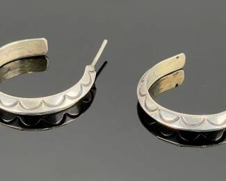 Native American Style Silver Hoop Earrings, Engraved Crescent Design, Unmarked