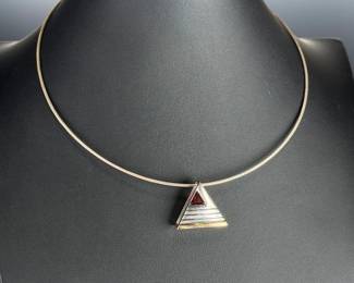 Cornelis Hollander 18K Gold Sterling Silver Garnet Triangle Pendant Necklace