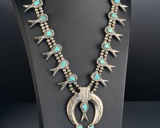 Early Sandcast Navajo Turquoise & Silver Squash Blossom Necklace, c. 1940s