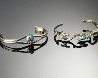 Vintage Navajo Sterling Silver Turquoise Coral Cuff Bracelets Lot of 2