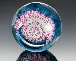 Caithness Scotland Faceted Millefiori Art Glass Paperweight - Pink & Teal