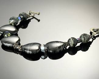 Zebra Jasper Heart Toggle Bracelet 7" Artisan Beaded Silver Tone