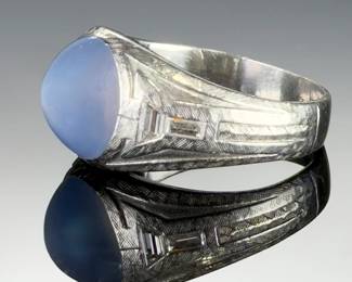 Art Deco Platinum Star Sapphire Ring w/ Baguette Diamonds, Engraved Shoulders