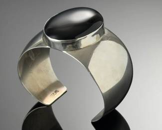 Sarah Cly Navajo Sterling Silver Large Jet Cabochon Cuff Bracelet Signed S. CLY