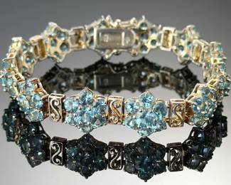 Sterling Silver Blue Topaz Vermeil Floral Cluster Link Bracelet 8" 26g