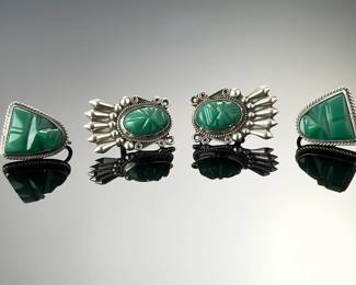 Vintage Mexican Sterling Silver Carved Green Onyx Mask Screw Back Earrings Lot