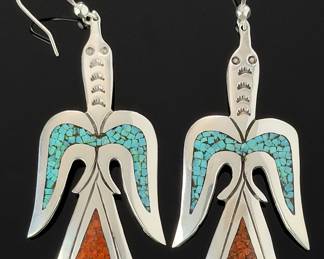 Native American Peyote Bird Sterling Silver Turquoise Coral Chip Inlay Earrings