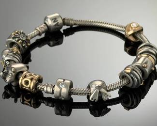 Pandora 14k Gold & Sterling Silver Charm Bracelet 46.6g, 11 Retired Charms