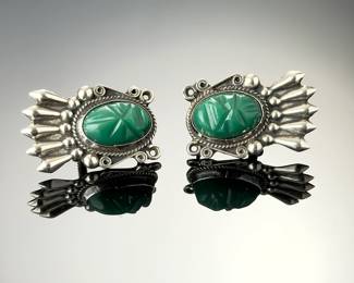 Vintage Mexican Sterling Silver Carved Green Onyx Mask Screw Back Earrings Lot