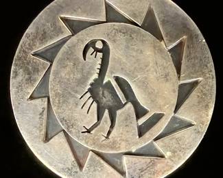 Native American Silver Overlay Brooch Pin, Kokopelli Sun Design