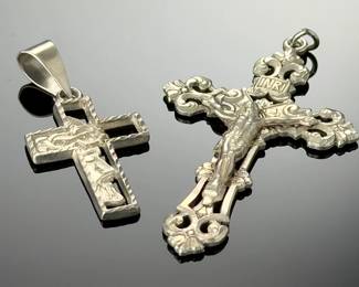 Vintage Sterling Silver Cross Pendant Lot Ornate Crucifix & Modernist Jesus