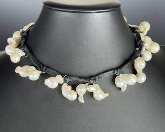 14" Baroque Biwa Pearl Choker Necklace Black Suede Cord Statement