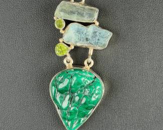 Artisan Sterling Silver Malachite Aquamarine Peridot Pendant Necklace Italy 925
