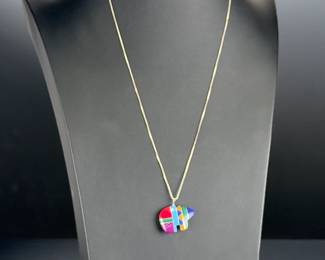 Sterling Silver Zuni Style Multi-Stone Inlay Bear Pendant Necklace, 925 Italy