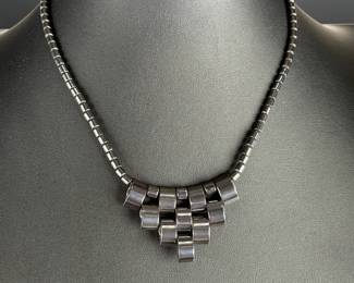 Modernist Hematite Geometric Bib Necklace Vintage Gunmetal Gray 16"
