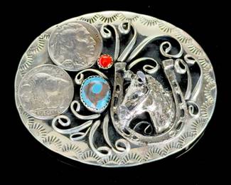 Vintage Southwest Western Buffalo Nickel Belt Buckle, Turquoise, Coral
