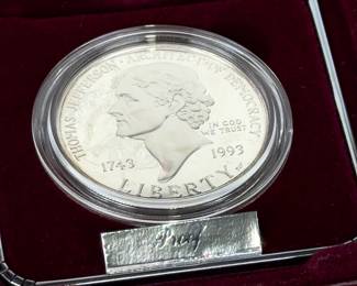 Lot of 2 US 1993 Thomas Jefferson 250th Anniversary 90% Silver Proof Dollars