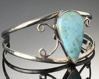 Sterling Silver Natural Larimar Teardrop Cuff Bracelet 925 Fine Jewelry