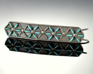 Antique Zuni Needlepoint Turquoise Silver Hair Clip Barrette Native American SW