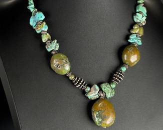 Southwestern Natural Green & Blue Turquoise Chunky Statement Necklace 19"