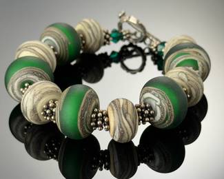 Artisan Handmade Lampwork Glass Toggle Bracelet Green Earthy Swirl Beads 8"