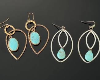 Vintage Turquoise Dangle Earrings Lot (2 Pairs) Silver & Gold-Tone Boho