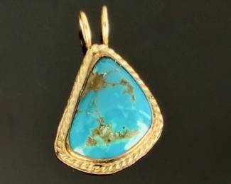 Vintage Southwestern Turquoise Pendant, Gold Plated, Artisan Etch Signed