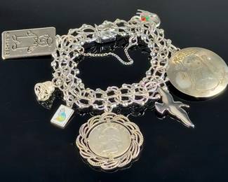 Vintage JB Sterling Silver Charm Bracelet with 1962 Coin & Enamel Charms