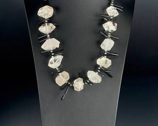 Raw Quartz Crystal & Black Coral Brutalist Statement Necklace 25"