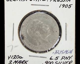 1905-A German Empire Prussia 2 Mark .900 Silver Coin Wilhelm II