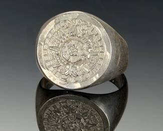 Vintage Mexican Sterling Silver Aztec Calendar Sun Stone Ring 925 MEX
